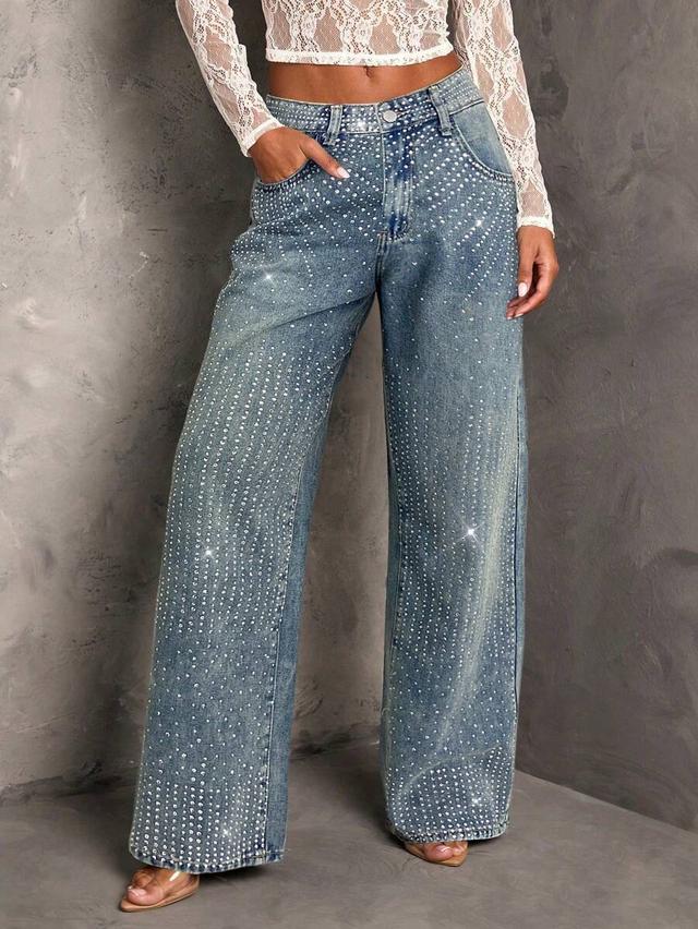rhinestone embellished wide leg denim jeans