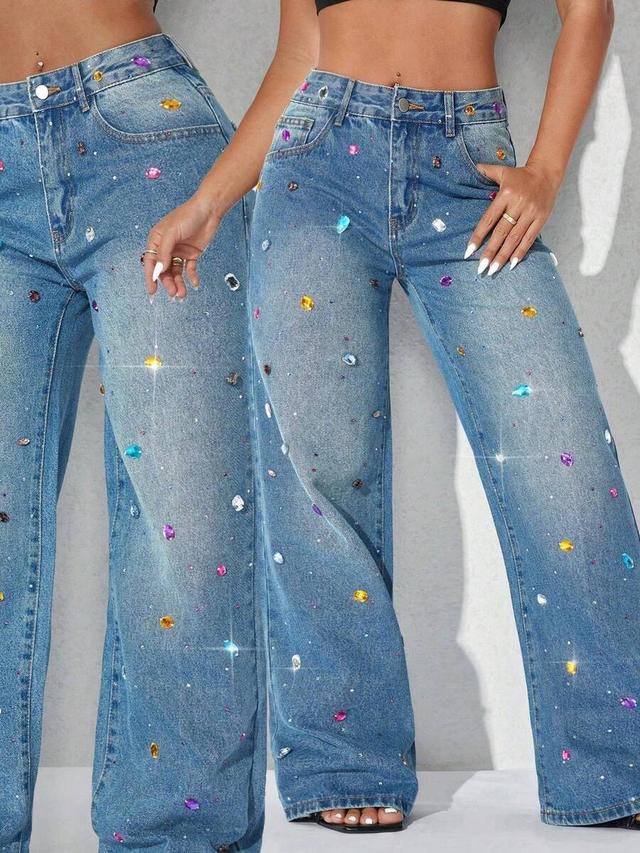 pearl decor low waist wide leg blue jeans
