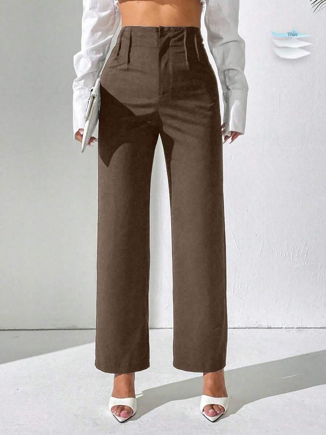 brown high waist pleated straight leg casual trousers