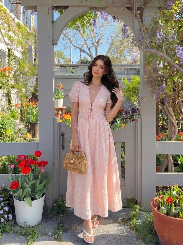 pink romantic french embroidery long summer dress