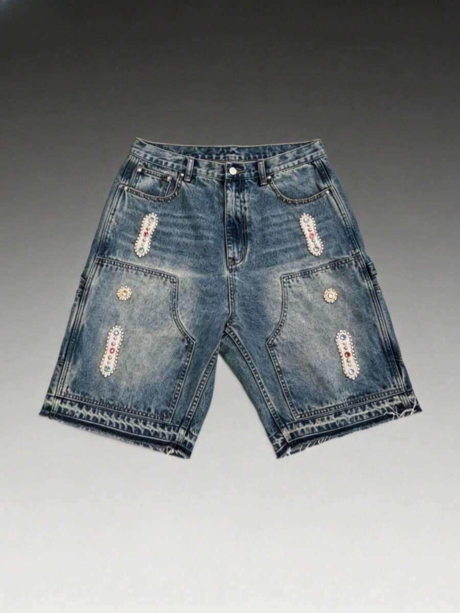 distressed washed denim shorts with rhinestone embellishments