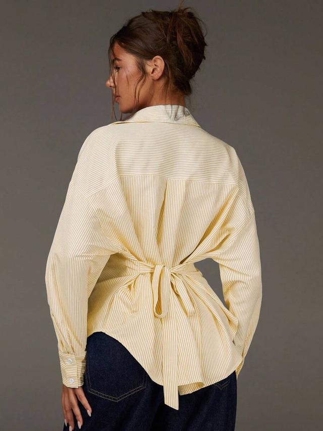 pale yellow striped loose fit tie back blouse
