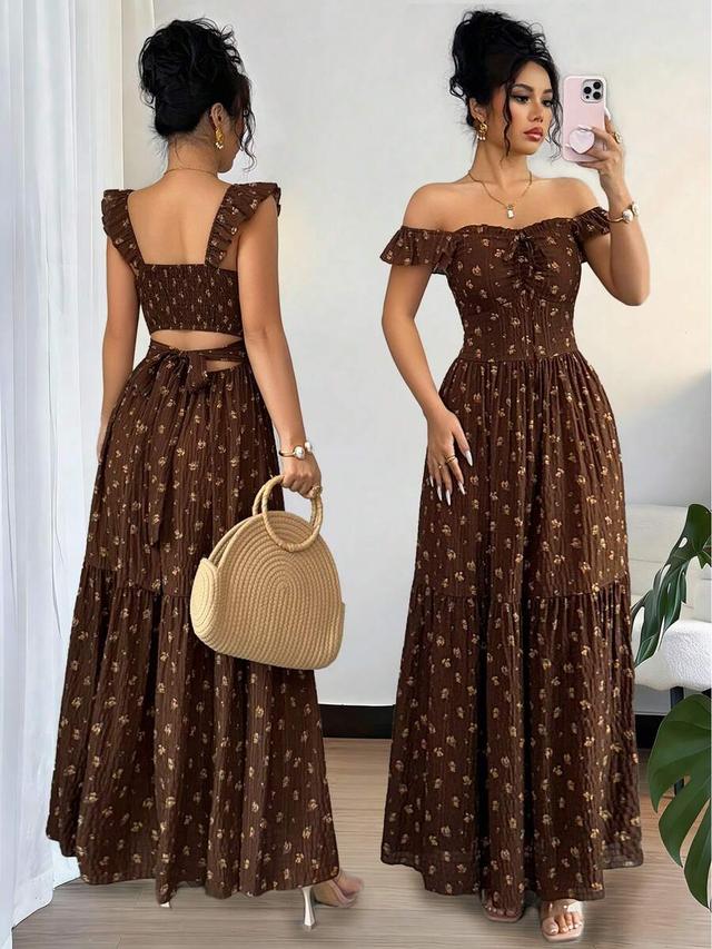 brown ditsy floral tie-front off-shoulder midi dress