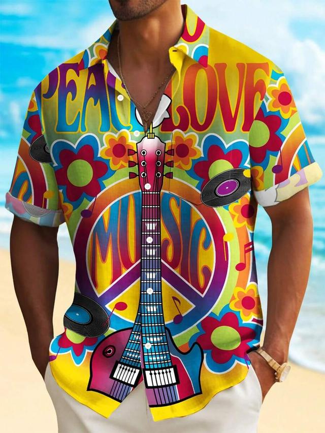 vintage hippie music print lightweight aloha shirt