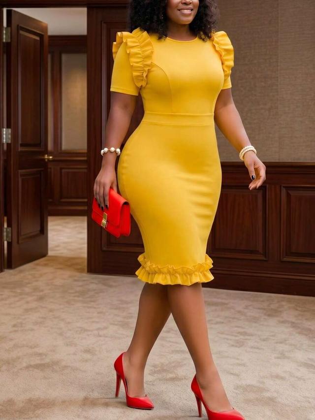 yellow fitted midi dress with ruffled sleeves and hem