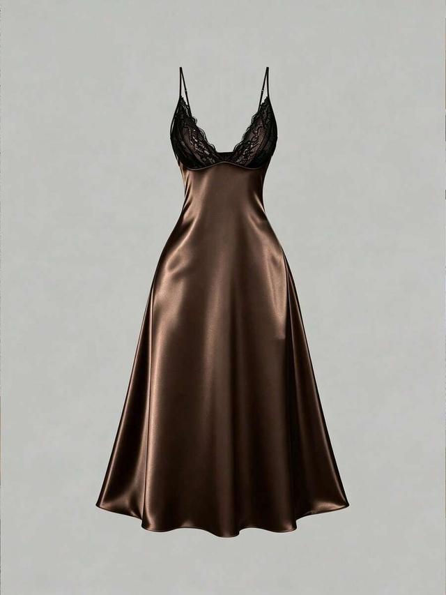 brown satin midi dress with black lace trim