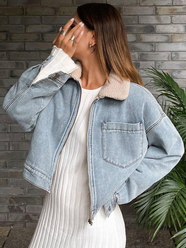 light wash denim jacket with sherpa collar