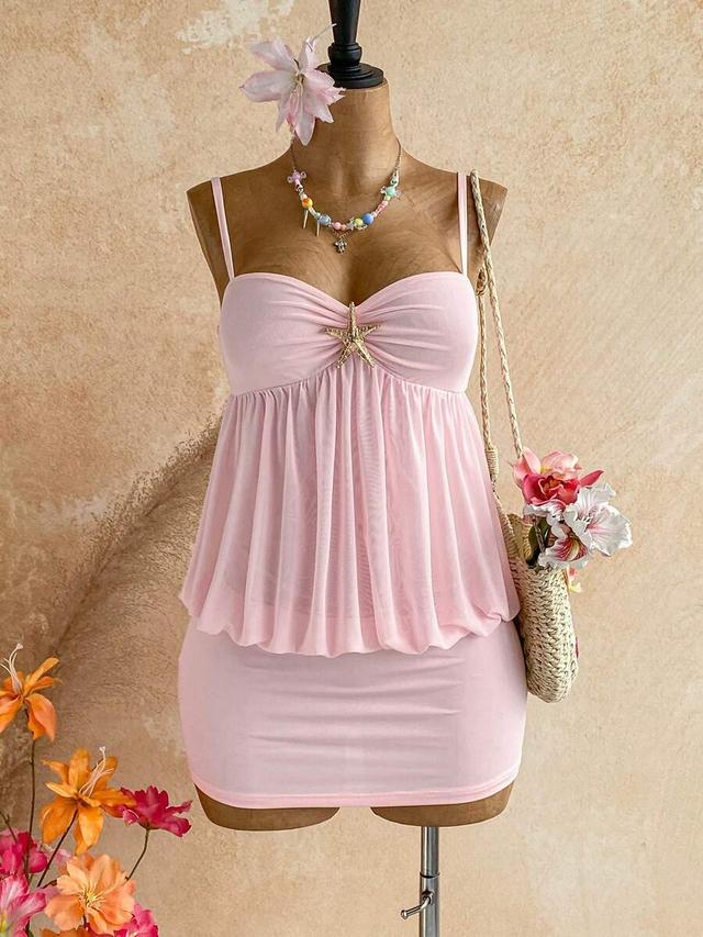baby pink spaghetti strap fitted mini dress with starfish