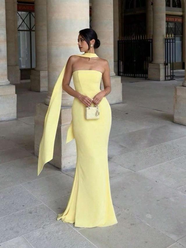 pale yellow strapless floor length evening gown
