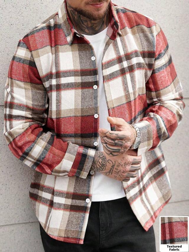 red and beige plaid flannel button down shirt
