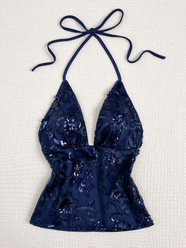 navy blue backless v-neck sequin embellished halter top