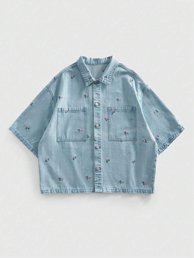 light wash embroidered denim short sleeve shirt