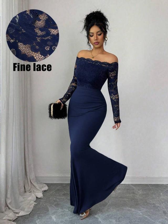 lace trim off-shoulder long sleeve mermaid dress