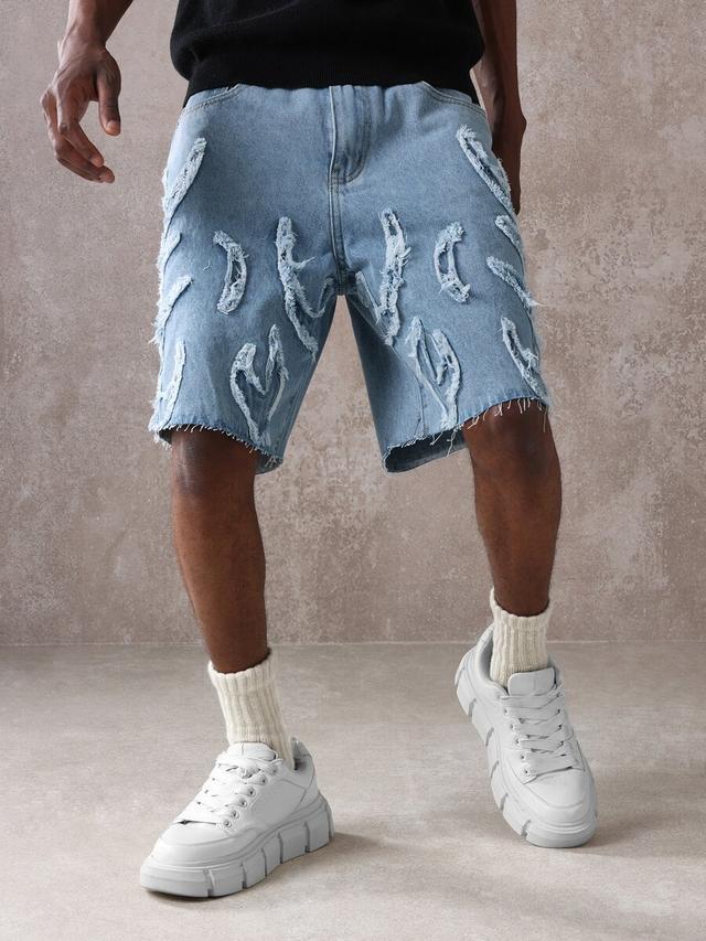 distressed applique denim shorts with raw hem