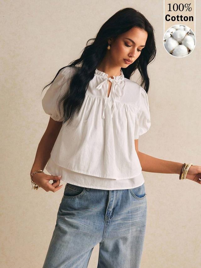 white cotton stand collar petal sleeve ruffle hem blouse