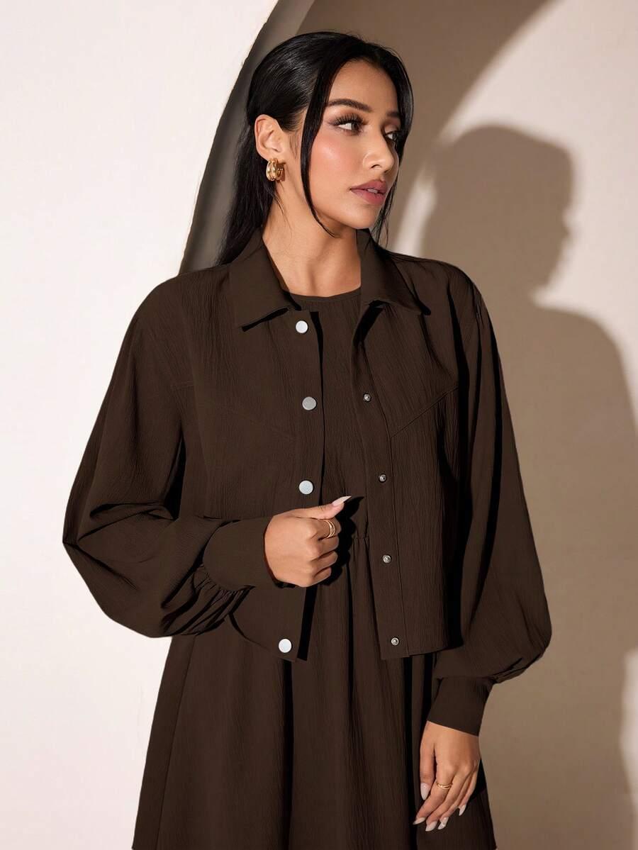dark brown pleated dress and long sleeve cardigan set