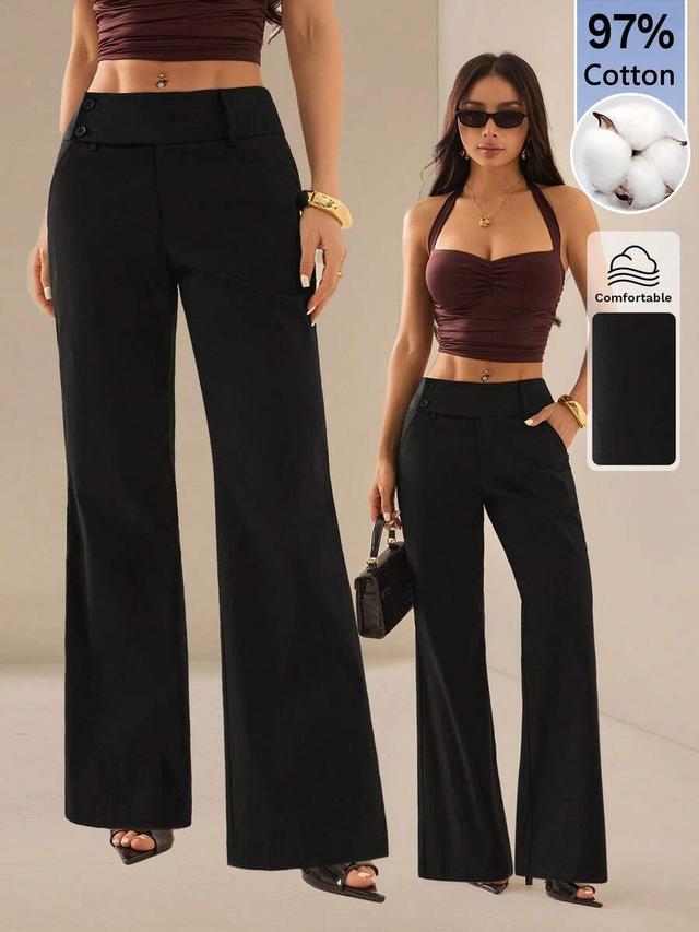black cotton low-waist wide leg casual trousers