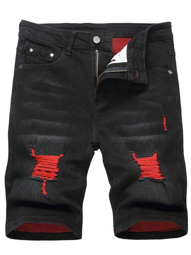 men's black denim shorts with red patch distressing