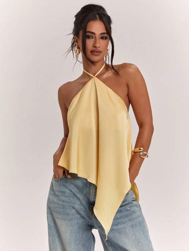 yellow satin halter backless asymmetrical camisole top