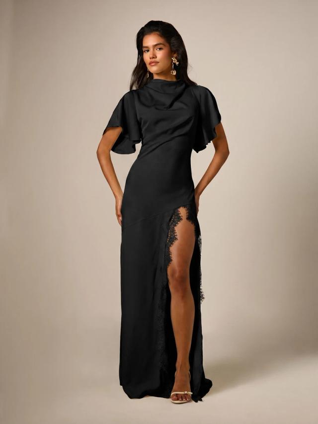 satin maxi dress with flutter sleeves and lace split