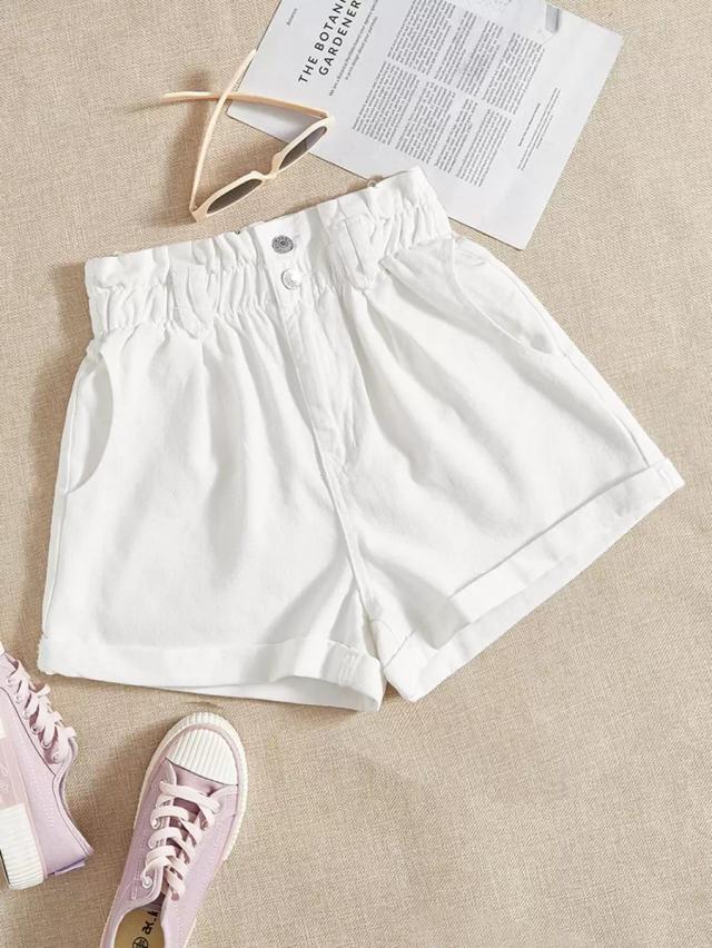white high-waisted paperbag waist denim shorts