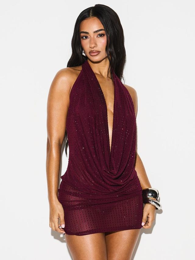sparkly mesh halter mini dress with cowl neckline