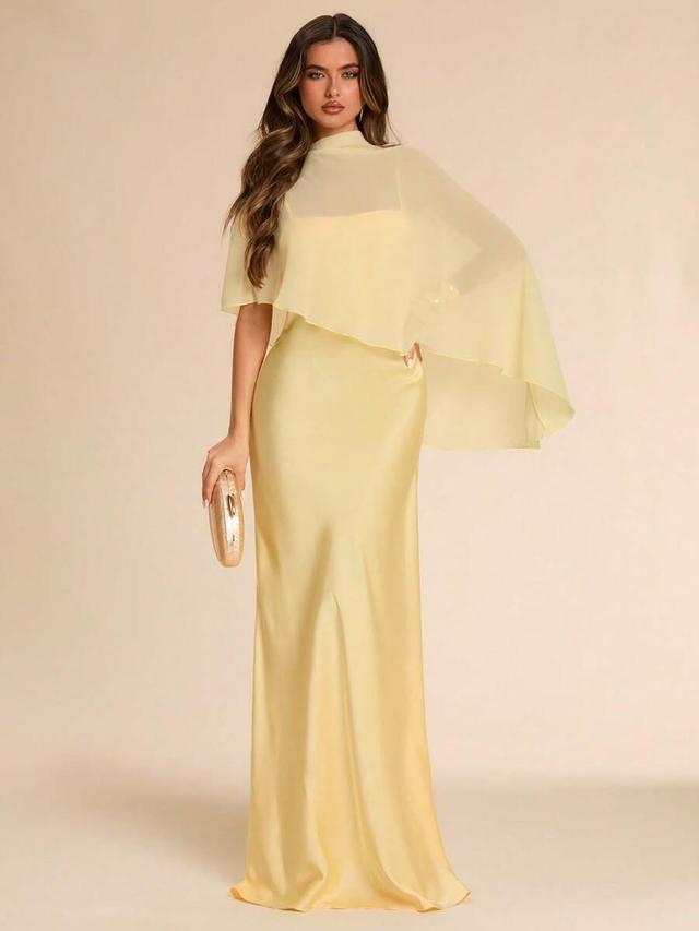pale yellow satin midi dress with chiffon cape overlay