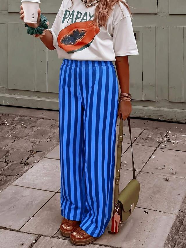 women's blue and white striped woven wide leg beach pants