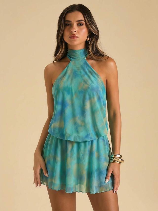 teal tropical print halter neck mini dress
