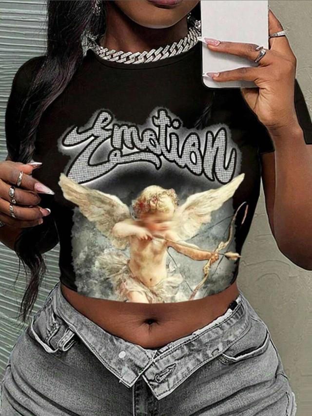 women's casual black angel graphic crop top