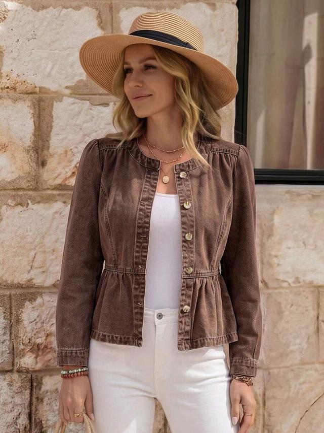 brown denim peplum jacket with button front