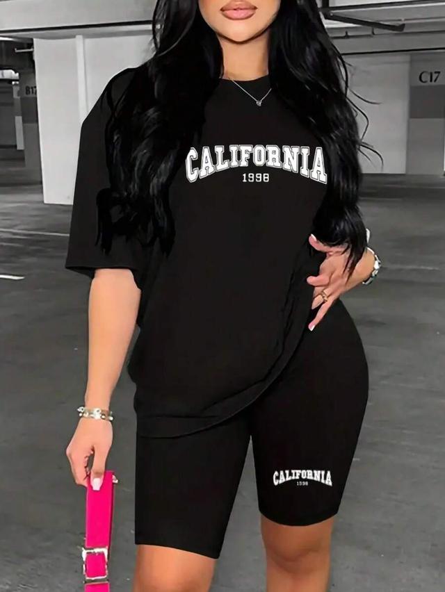 black cotton letter print t-shirt and shorts set