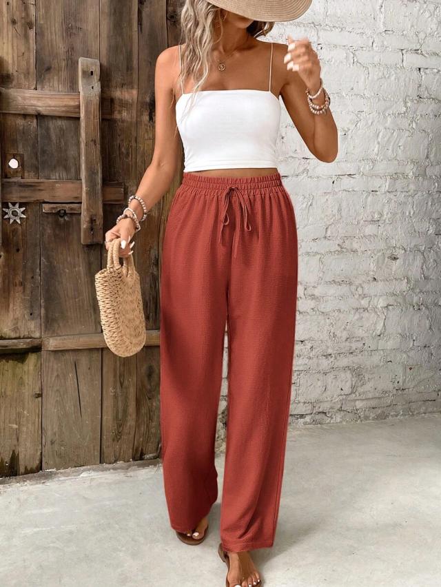solid color belted loose straight leg casual pants