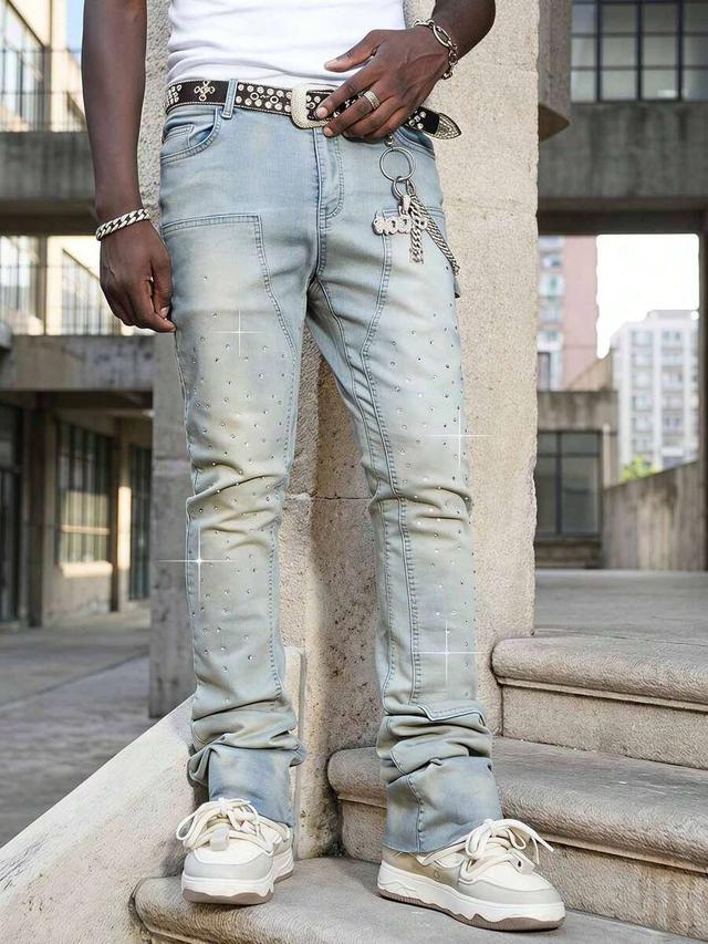 light wash rhinestone studded slim straight denim jeans