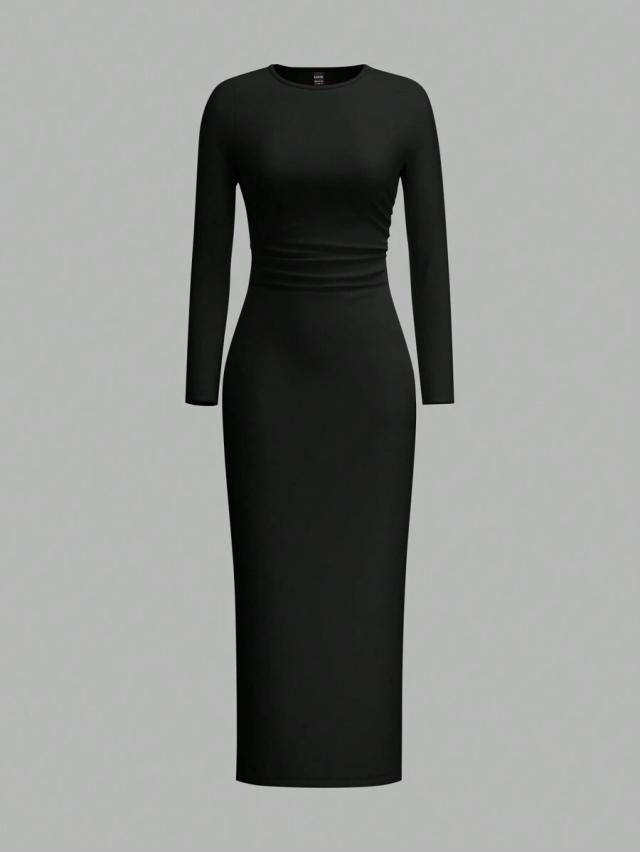 solid black round neck long sleeve slim fit dress