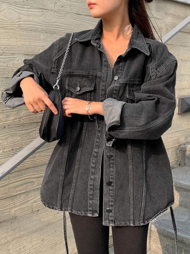 washed black distressed denim button-up jacket