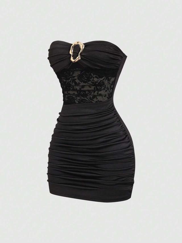 black strapless ruched mini dress with lace insert