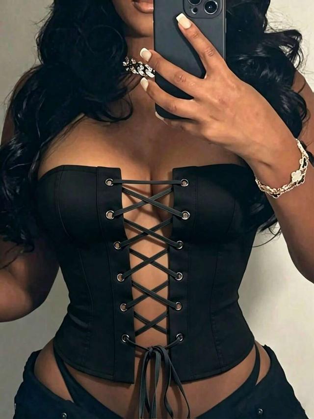 rovax solid black lace-up corset tube top