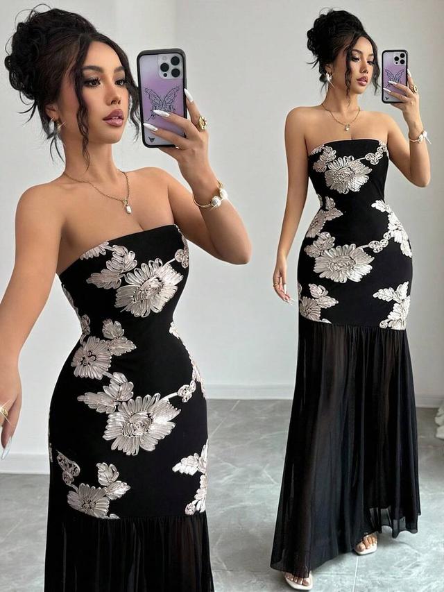 black floral jacquard strapless maxi evening dress