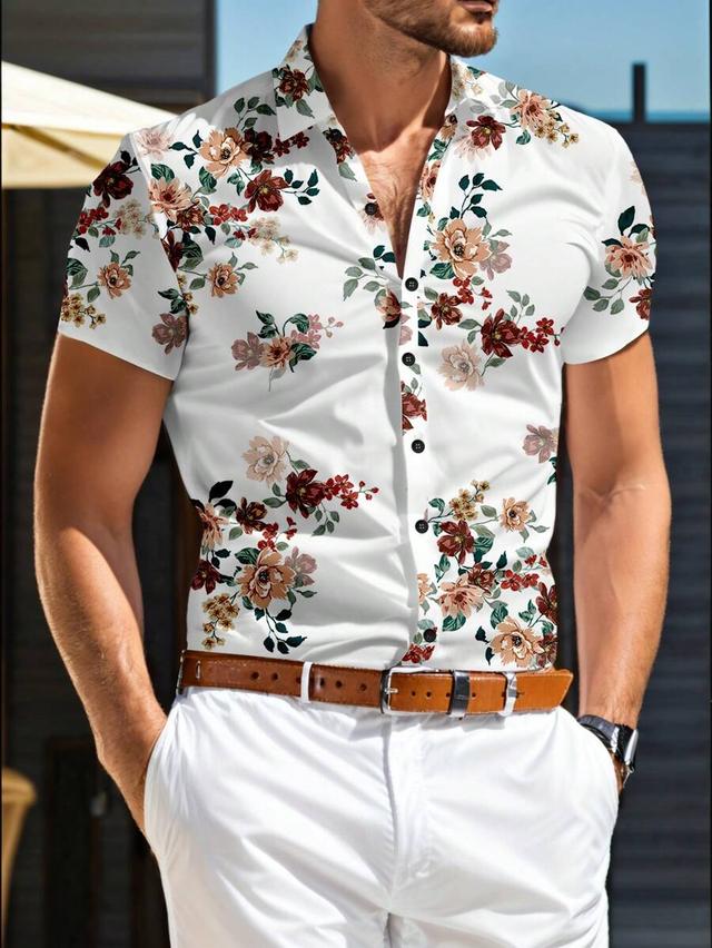 men short sleeve floral print button up shirt