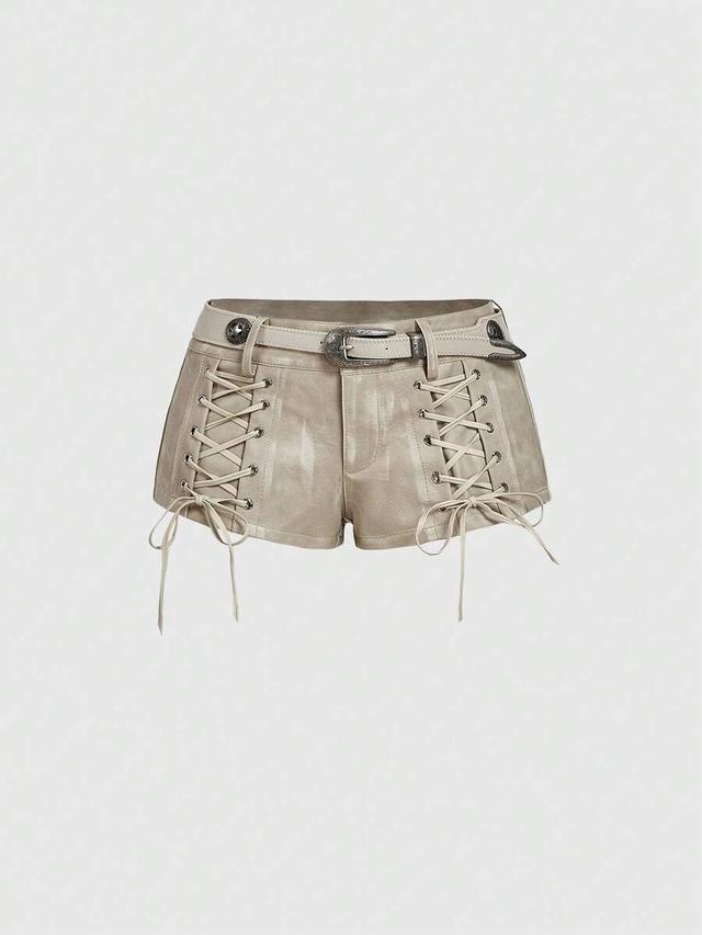 faux leather lace-up western style mini shorts
