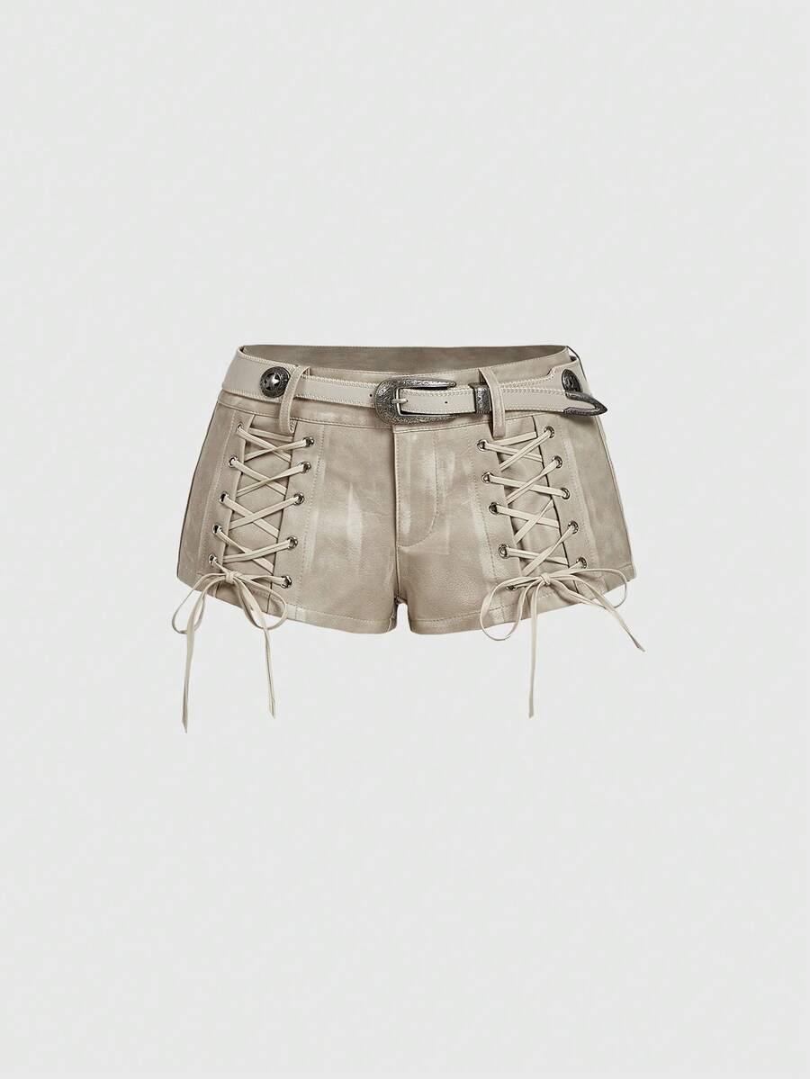 faux leather lace-up western style mini shorts