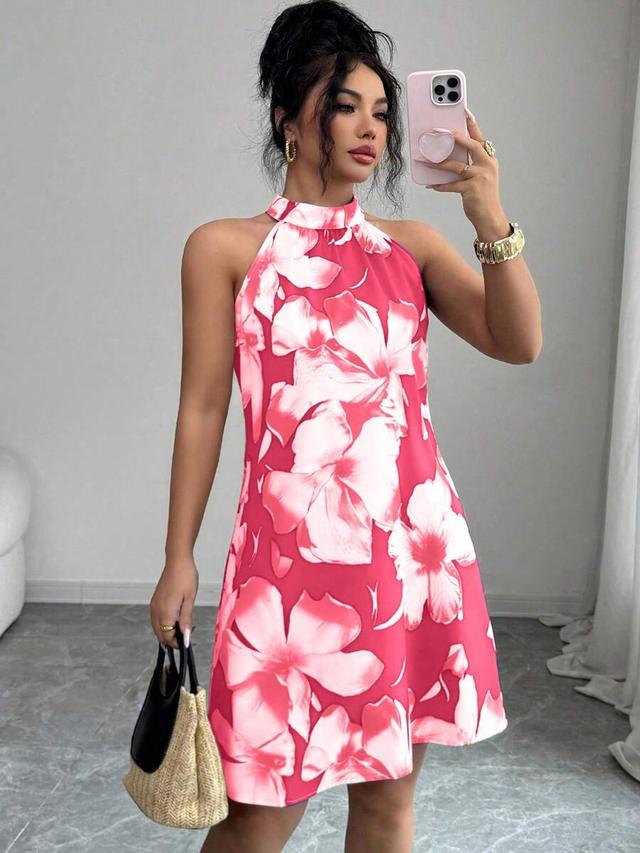 pink floral high neck sleeveless shift dress