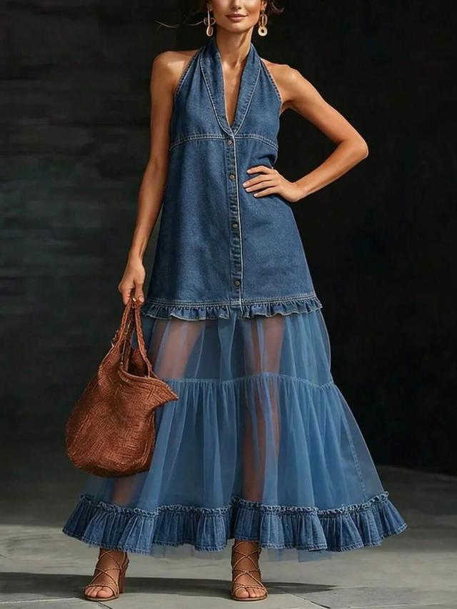 light blue halter dress with tiered tulle skirt