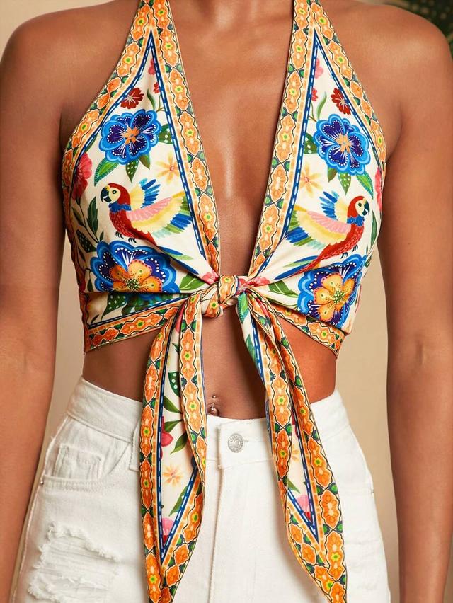 floral print halter neck backless tropical crop top