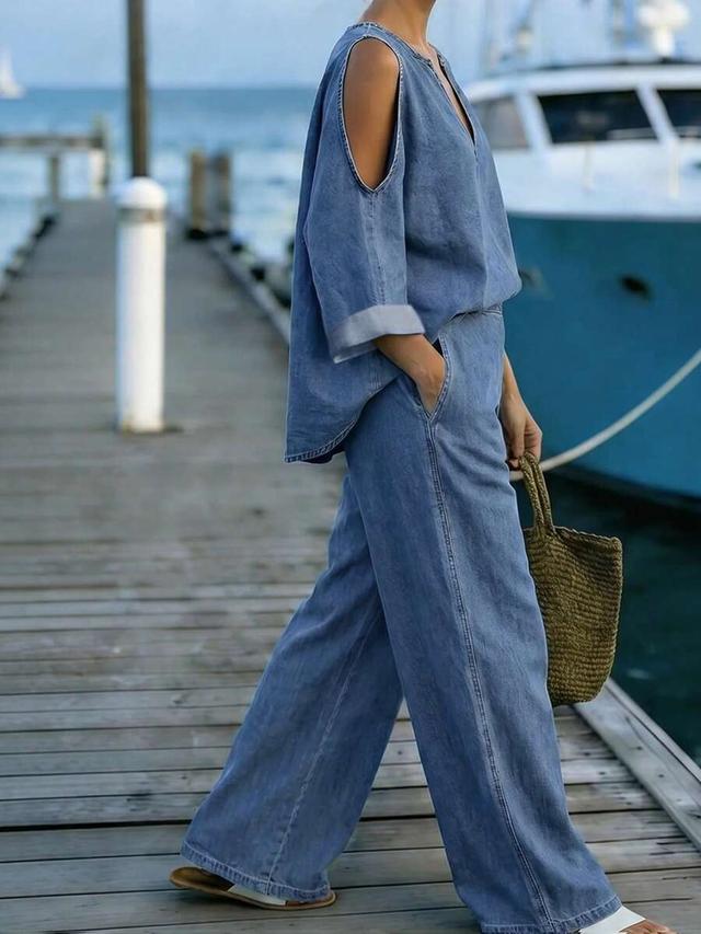 casual v-neck denim top and wide leg pants set