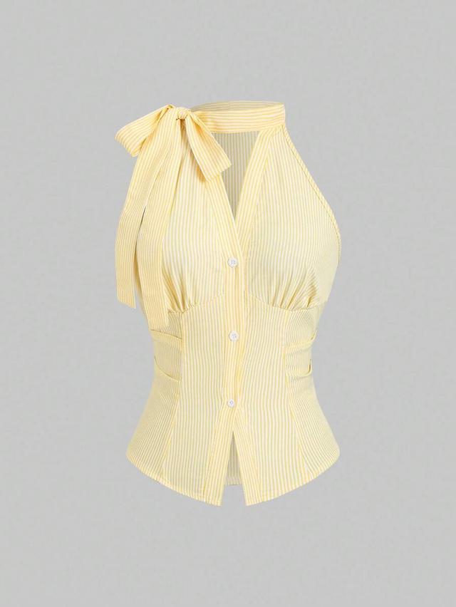 sweetra women's sleeveless yellow striped bowknot waist blouse