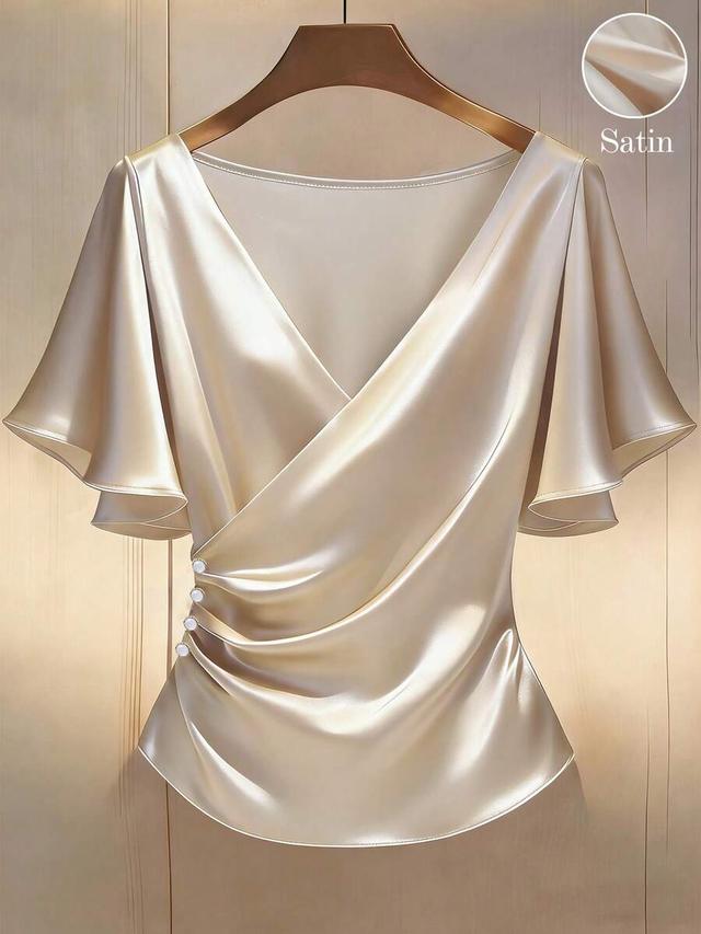 elegant gold satin v-neck ruffle sleeve blouse