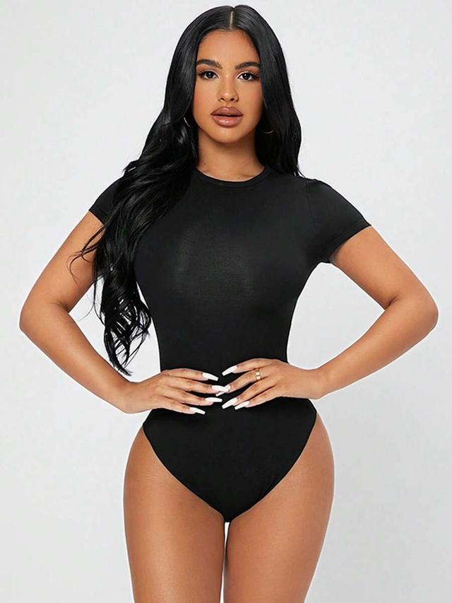 solid black slim fit short sleeve bodysuit
