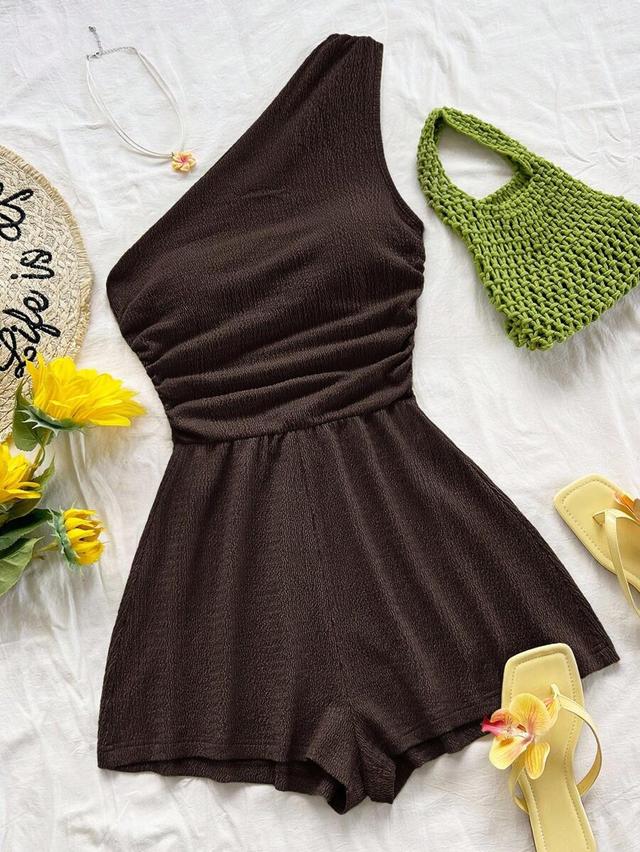 brown one-shoulder textured summer playsuit